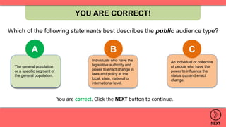 An individual or collective
of people who have the
power to influence the
status quo and enact
change.
Individuals who have the
legislative authority and
power to enact change in
laws and policy at the
local, state, national or
international level.
The general population
or a specific segment of
the general population.
YOU ARE CORRECT!
NEXT
A B C
.
You are correct. Click the NEXT button to continue.
The general population
or a specific segment of
the general population.
A
Which of the following statements best describes the public audience type?
 