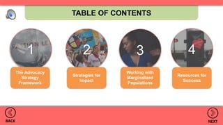TABLE OF CONTENTS
BACK NEXT
1
The Advocacy
Strategy
Framework
2
Strategies for
Impact
3
Working with
Marginalized
Populations
4
Resources for
Success
 