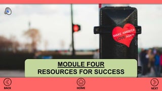 MODULE FOUR
RESOURCES FOR SUCCESS
HOMEBACK NEXT
 