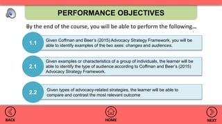 PERFORMANCE OBJECTIVES
HOMEBACK NEXT
Given examples or characteristics of a group of individuals, the learner will be
able to identify the type of audience according to Coffman and Beer’s (2015)
Advocacy Strategy Framework.
2.1
Given Coffman and Beer’s (2015) Advocacy Strategy Framework, you will be
able to identify examples of the two axes: changes and audiences.
1.1
2.2
Given types of advocacy-related strategies, the learner will be able to
compare and contrast the most relevant outcome
By the end of the course, you will be able to perform the following…
 