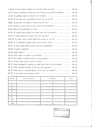 (4.5) 56. Ai avut            uneor!           etedinta      ca ai savlr~it           fapte   vlnovate?                       Da Nu

(4) 57. Crezi ca familia                     te iube~te       a~a cum iube~te ~i pe cei1a1ti din familie?                    Da Nu

(4) 58. Te glnde~ti               uneori        ca nimeni            nu te iube~te?                                          Da Nu

(4) 59. r ti este greu sa te obi~nuie~ti                             pe locu1 tau de munca?                              .   Da Nu

(4)~60. Iti ~este greu sa traiesti
                                 "                       in liniste      acasa    1a tine?                               .   Da Nu

(4) 61. Familia        se poarta              bine cu tine, eoreet,              fara nedreptati         ?                   Da Nu

(4) 62. ~efii )ai       se poartajbine                   eu tine?                                                    "       Da Nu

(4) 63. Te supara            deseori          glndu1 ca cineva             vrea sa te urmareasca?                            Da Nu

(4) 64. Ai uneori           parerea           ca cineva        vrea sa-ti        faca rau?                                   Da Nu

(6.4) 65. Te superi             dnd          se arata      Impotrivire          la eeea ee vrei tu?                          Da   Nu

(6) 66. Ti se Intlmp1a                 sa spargi          lucruri      atinci    dnd     te minii ?                          Da Nu

(6) 67. Te mlnii          uneori            pentru     pricini       care n-au       Insemnatate?                            Da Nu

(6) 68. Ai 1e~inat vreodata?                                                                                             .   Da Nu

(6) 69. Le~ini deseori ?                                                                                                 .   Da Nu

(6) 70. Simti       uneori         ca vederea             ti se tu1bura?                                                 .   Da Nu

(8) 71. Ti-ar plaeea              a meserie            unde      soar ucide      anima1e?                                .   Da Nu

(8) 72. Ai dorit         pina        acum        sa faci rau cuiva?                                                      .   Da Nu

(8) 73. Superi        (necaje~ti)             in gluma        pe ceila1ti pina           cind   ii faci sa plinga?       .   Da Nu

(8) 74. Simti     dteodata                  p1acerea      sa faci rau unei persoane?                                     .   Da Nu

(8) 75. Simti      uneori          0 anumita             placere       sa faci rau unui         animal?                  .   Da Nu

(8) 76. Ai avut         pina         acumdorinta              sa furi?                                                   .   Da Nu
                          ---------------
                 ----------
                                              Total
                                   N-rul de intem-uri                  Coeficien t                  30
                                                                                                    20
                                                                                                    26
                                                                                                    52
                                                                                                    36
                                                                                                    24
                                                                                                    28
                  I           -
              II                                                 I




                                                                                                                                            I




                                                                                                              __
                                                                                                               ~             .~        ~J
 