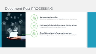Document Post PROCESSING
Automated routing
Deliver completed documents to predetermined destinations
Electronic/digital signature integration
Integrates with electronic signature services
Conditional workflow automation
Short running workflows with document automation activities
 