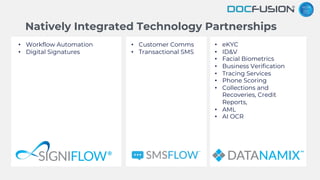 • Workflow Automation
• Digital Signatures
• eKYC
• ID&V
• Facial Biometrics
• Business Verification
• Tracing Services
• Phone Scoring
• Collections and
Recoveries, Credit
Reports,
• AML
• AI OCR
Natively Integrated Technology Partnerships
• Customer Comms
• Transactional SMS
 