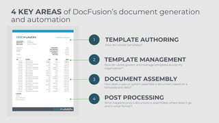 1
2
3
4
TEMPLATE AUTHORING
TEMPLATE MANAGEMENT
DOCUMENT ASSEMBLY
POST PROCESSING
How do I create templates?
How do I store, govern, and manage templates across my
organization?
How does a user or system assemble a document based on a
template and data?
What happens once a document is assembled, where does it go
and in what format?
4 KEY AREAS of DocFusion’s document generation
and automation
 