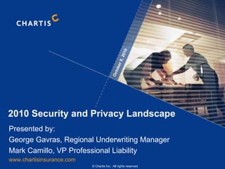 October 8, 2010 2010 Security and Privacy Landscape   Presented by:  George Gavras, Regional Underwriting Manager Mark Camillo, VP Professional Liability www.chartisinsurance.com © Chartis Inc.  All rights reserved. 