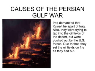 CAUSES OF THE PERSIAN GULF WAR Iraq demanded that Kuwait be apart of Iraq. Also, they were trying to tap into the oil fields of the desert, but were pushed out by the U.S. forces. Due to that, they set the oil fields on fire as they fled out. 