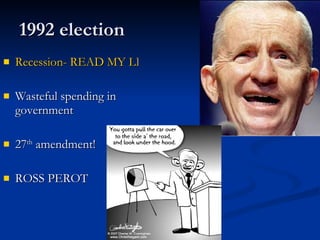 1992 election Recession- READ MY LIPS! Wasteful spending in government 27 th  amendment! ROSS PEROT 