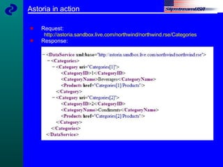 Astoria in action Request: http://astoria.sandbox.live.com/northwind/northwind.rse/Categories Response: 