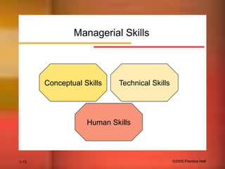 Managerial Skills

Conceptual Skills

Technical Skills

Human Skills

1-13

©2005 Prentice Hall

 