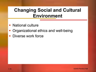 Changing Social and Cultural
Environment
 National culture
 Organizational ethics and well-being
 Diverse work force

1-16

©2005 Prentice Hall

 