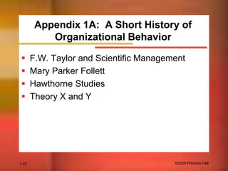 Appendix 1A: A Short History of
Organizational Behavior





1-22

F.W. Taylor and Scientific Management
Mary Parker Follett
Hawthorne Studies
Theory X and Y

©2005 Prentice Hall

 