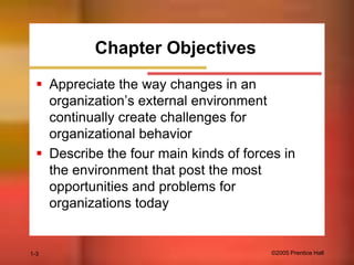 Chapter Objectives
 Appreciate the way changes in an
organization’s external environment
continually create challenges for
organizational behavior
 Describe the four main kinds of forces in
the environment that post the most
opportunities and problems for
organizations today

1-3

©2005 Prentice Hall

 