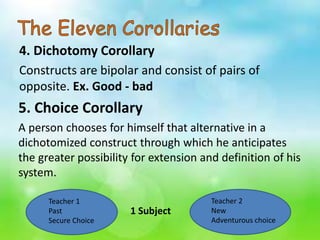 4. Dichotomy Corollary
Constructs are bipolar and consist of pairs of
opposite. Ex. Good - bad
5. Choice Corollary
A person chooses for himself that alternative in a
dichotomized construct through which he anticipates
the greater possibility for extension and definition of his
system.
1 Subject
Teacher 1
Past
Secure Choice
Teacher 2
New
Adventurous choice
 