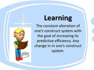 Learning
The constant alteration of
one’s construct system with
the goal of increasing its
predictive efficiency. Any
change in in one’s construct
system.
 