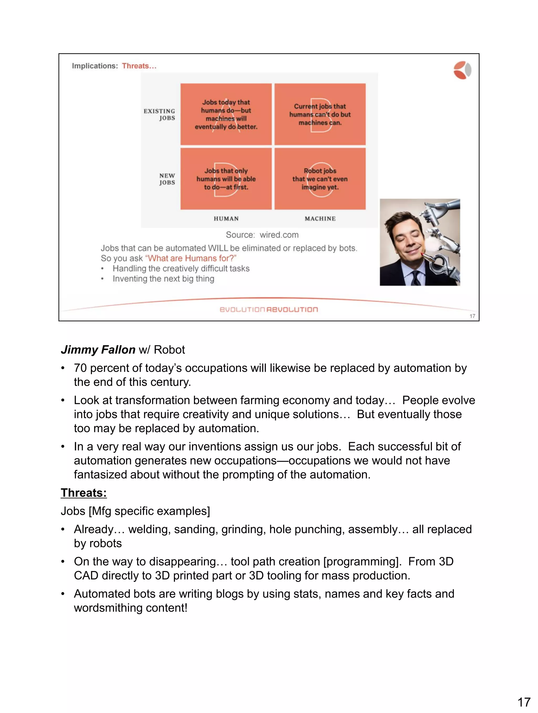 Jimmy Fallon w/ Robot
• 70 percent of today’s occupations will likewise be replaced by automation by
the end of this century.
• Look at transformation between farming economy and today… People evolve
into jobs that require creativity and unique solutions… But eventually those
too may be replaced by automation.
• In a very real way our inventions assign us our jobs. Each successful bit of
automation generates new occupations—occupations we would not have
fantasized about without the prompting of the automation.
Threats:
Jobs [Mfg specific examples]
• Already… welding, sanding, grinding, hole punching, assembly… all replaced
by robots
• On the way to disappearing… tool path creation [programming]. From 3D
CAD directly to 3D printed part or 3D tooling for mass production.
• Automated bots are writing blogs by using stats, names and key facts and
wordsmithing content!
17
 
