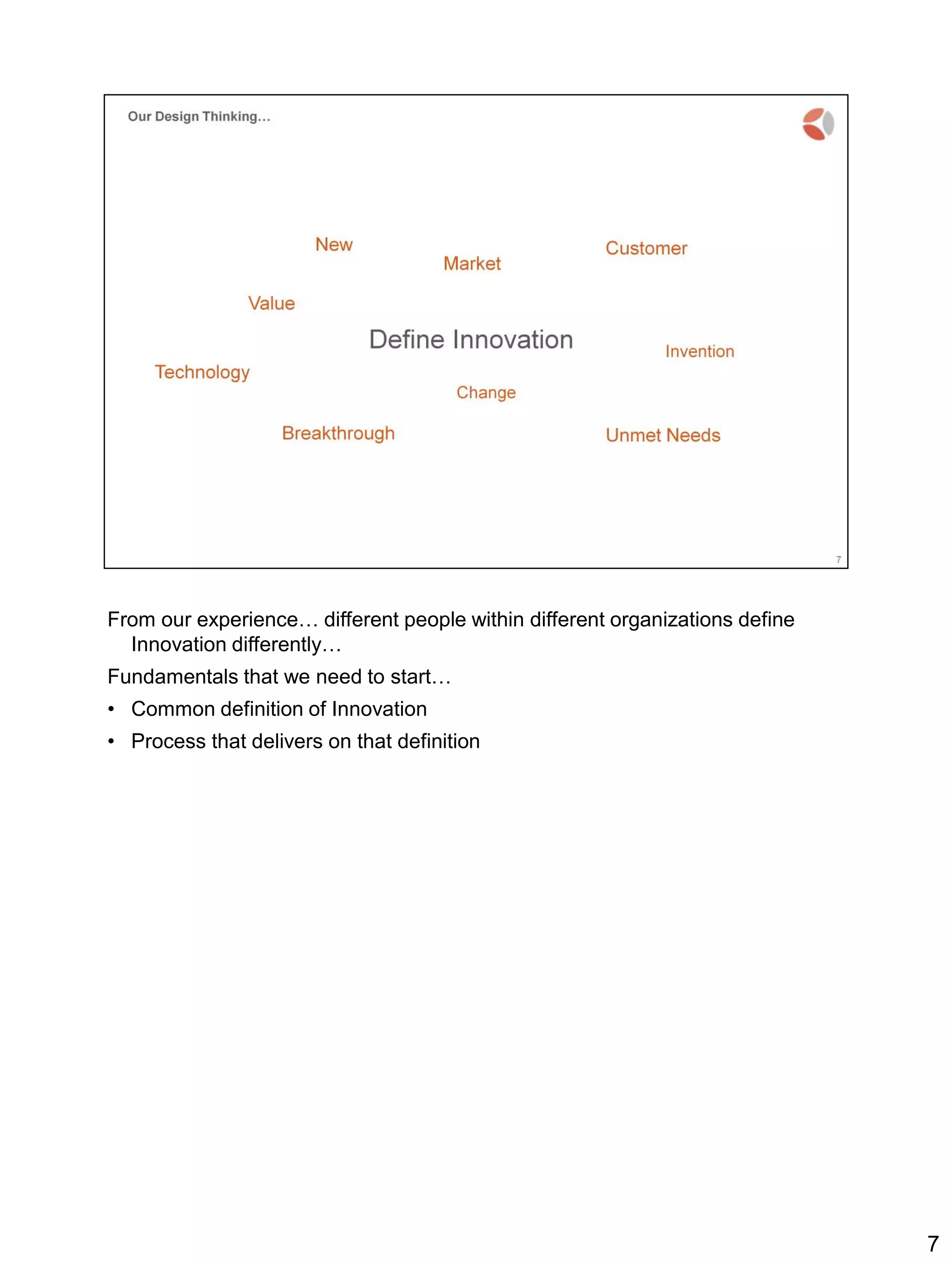 From our experience… different people within different organizations define
Innovation differently…
Fundamentals that we need to start…
• Common definition of Innovation
• Process that delivers on that definition
7
 