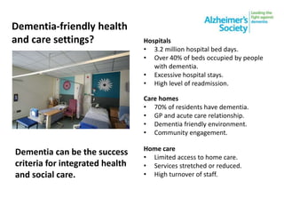 Dementia-friendly health
and care settings? Hospitals
• 3.2 million hospital bed days.
• Over 40% of beds occupied by people
with dementia.
• Excessive hospital stays.
• High level of readmission.
Care homes
• 70% of residents have dementia.
• GP and acute care relationship.
• Dementia friendly environment.
• Community engagement.
Home care
• Limited access to home care.
• Services stretched or reduced.
• High turnover of staff.
Dementia can be the success
criteria for integrated health
and social care.
 
