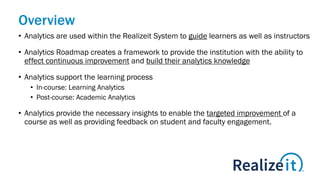 Overview
• Analytics are used within the Realizeit System to guide learners as well as instructors
• Analytics Roadmap creates a framework to provide the institution with the ability to
effect continuous improvement and build their analytics knowledge
• Analytics support the learning process
• In-course: Learning Analytics
• Post-course: Academic Analytics
• Analytics provide the necessary insights to enable the targeted improvement of a
course as well as providing feedback on student and faculty engagement.
 
