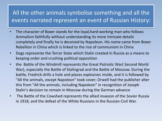 • The character of Boxer stands for the loyal,hard-working man who follows
Animalism faithfully without understanding its more intricate details
completely and finally he is deceived by Napoleon. His name came from Boxer
Rebellion in China which is linked to the rise of communism in China
• Dogs represente the Terror State which Stalin created in Russia as a means to
keeping order and crushing political opposition
• the Battle of the Windmill represents the Great Patriotic War( Second World
War), especially the Battle of Stalingrad and the Battle of Moscow. During the
battle, Fredrick drills a hole and places explosives inside, and it is followed by
"All the animals, except Napoleon" took cover; Orwell had the publisher alter
this from "All the animals, including Napoleon" in recognition of Joseph
Stalin's decision to remain in Moscow during the German advance
• The Battle of the Cowshed represents the allied invasion of the Sovier Russia
in 1918, and the defeat of the White Russians in the Russian Civil War.
All the other animals symbolise something and all the
events narrated represent an event of Russian History:
 