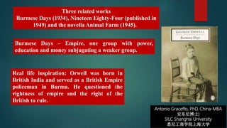 Antonio Graceffo, PhD, China-MBA
安东尼博士)
SILC Shanghai University
悉尼工商学院上海大学
Three related works
Burmese Days (1934), Nineteen Eighty-Four (published in
1949) and the novella Animal Farm (1945).
Burmese Days – Empire, one group with power,
education and money subjugating a weaker group.
Real life inspiration: Orwell was born in
British India and served as a British Empire
policeman in Burma. He questioned the
rightness of empire and the right of the
British to rule.
 