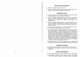 ¿
Comprender el problema
¿Cuál es la incógnita? ¿Cuáles son los datos?
¿Cuál es la condición? ¿Es la condición suficiente para determinar la in-
cógnita? ¿Es insuficiente? ¿Redundante? ¿Contradictoria?
Concebir un plan
¿Se ha encontrado con un problema semejante? ¿O ha visto el mismo
problema planteado en forma ligeramente diferente?
¿Conoce un problema relacionado con éste? ¿Conoce algún teorema que le
pueda ser útil? Mire atentamente la incógnita y trate de recordar un
problema que le sea familiar y que tenga la misma incógnita o una
incógnita similar.
He aquí un problema relacionado al suyo y que se ha resuelto ya. ¿Po-
dría usted utilizarlo? ¿Podría utilizar su resultado? ¿Podría emplear su
método? ¿Le haría a usted falta introducir algún elemento auxiliar a fin
de poder utilizarlo?
¿Podría enunciar el problema en otra forma? ¿Podría plantearlo en for-
ma diferente nuevamente? Refiérase a las definiciones.
Si no puede resolver el problema propuesto, trate de resolver primero
algún problema similar. ¿Podría imaginarse un problema análogo un
tanto más accesible? ¿Un problema más general? ¿Un problema más
particular? ¿Un problema análogo? ¿Puede resolver una parte del pro-
blema? Considere sólo una parte de la condición; descarte la otra parte;
¿en qué medida la incógnita queda ahora determinada? ¿En qué forma
puede variar? ¿Puede usted deducir algún elemento útil de los datos?
¿Puede pensar en algunos otros datos apropiados para determinar la
incógnita? ¿Puede cambiar la incógnita? ¿Puede cambiar la incógnita o
los datos, o ambos si es necesario, de tal forma que la nueva incógnita
y los nuevos datos estén más cercanos entre sí?
¿Ha empleado todos los datos? ¿Ha empleado toda la condición? ¿Ha
considerado usted todas las nociones esenciales concernientes al problema?
Ejecución del pian
Al ejecutar su plan
'
de la solución, compruebe cada uno de los pasos.
¿Puede usted ver claramente que el paso es correcto? ¿Puede usted de-
mostrarlo?
Visión retrospectiva
¿Puede usted verificar, el resultado? ¿Puede verificar el razonamiento?
¿Puede obtener el resultado en forma diferente? ¿Puede verlo de golpe?
iP.ip p mtpfl emolear el resultado o el método en algún otro problema?
 