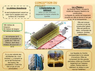 La « Piazza »
(la Grande Place), occupe la
moitié de l’espace destiné à la
construction.
La façade du centre est largement
ouverte sur elle et donne à voir par
le jeu de la transparence .
Le plateau beaubourg
le seul emplacement vacant au
cœur de la capitale avec une
surface de 2 hectares
N
S
L’implantation du
bâtiment
selon un axe nord-sud,
respectant la trame urbaine du
quartier
166 mètres de
longueur,
60 mètres de largeur
42 mètres de hauteur.
se compose de 8
niveaux accessibles au
public de 7 500 m2
chacun, dont deux
niveaux de sous-sol (-1
et 0)
Elle est conçue
comme un jeu de
construction géant.
Elle est peinte en
blanc, composée de
poteaux, poutres,
gerberettes…
Il y a une volonté des
architectes de « tout
montrer », y compris ce
qui le fait fonctionner :
les tuyaux, les
circulations. C’est à la
fois un jeu et une
provocation.
Les façades du Centre
correspondent à la volonté
d’ouverture. Elles se
composent de très grands
panneaux vitrés qui s’ouvrent
largement sur l’espace
urbain. Partout dans le
bâtiment, le visiteur a une
vue sur l’extérieur.
 