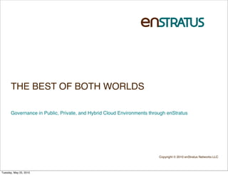 THE BEST OF BOTH WORLDS

      Governance in Public, Private, and Hybrid Cloud Environments through enStratus




                                                                       Copyright © 2010 enStratus Networks LLC




Tuesday, May 25, 2010
 