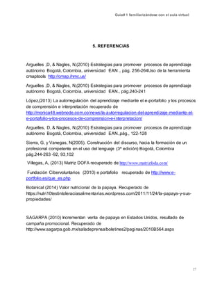Guía# 1 familiarizándose con el aula virtual
27
5. REFERENCIAS
Arguelles ,D, & Nagles, N,(2010) Estrategias para promover procesos de aprendizaje
autónomo Bogotá, Colombia, universidad EAN ., pág. 256-264Uso de la herramienta
cmaptools http://cmap.ihmc.us/
Arguelles ,D, & Nagles, N,(2010) Estrategias para promover procesos de aprendizaje
autónomo Bogotá, Colombia, universidad EAN., pág.240-241
López,(2013) La autorregulación del aprendizaje mediante el e-portafolio y los procesos
de comprensión e interpretación recuperado de
http://monica48.webnode.com.co/news/la-autorregulacion-del-aprendizaje-mediante-el-
e-portafolio-y-los-procesos-de-comprension-e-interpretacion/
Arguelles, D, & Nagles, N,(2010) Estrategias para promover procesos de aprendizaje
autónomo Bogotá, Colombia, universidad EAN.,pág., 122-128
Sierra, G, y Vanegas, N(2005). Construcción del discurso, hacia la formación de un
profesional competente en el uso del lenguaje (3ª edición) Bogotá, Colombia
pág.244-263 -92, 93,102
Villegas, A, (2013) Matriz DOFA recuperado de http://www.matrizfoda.com/
Fundación Cibervoluntarios (2010) e portafolio recuperado de http://www.e-
portfolio.es/que_es.php
Botanical (2014) Valor nutricional de la papaya. Recuperado de
https://nutri10testintoleraciasalimentarias.wordpress.com/2011/11/24/la-papaya-y-sus-
propiedades/
SAGARPA (2010) Incrementan venta de papaya en Estados Unidos, resultado de
campaña promocional. Recuperado de
http://www.sagarpa.gob.mx/saladeprensa/boletines2/paginas/2010B564.aspx
 