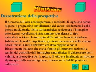 Decostruzione della prospettiva
  Il percorso dell’arte contemporanea è costituito di tappe che hanno
  segnato il progressivo annullamento dei canoni fondamentali della
  pittura tradizionale. Nella storia artistica occidentale l’immagine
  pittorica per eccellenza è stata sempre considerata di tipo
  naturalistico. Ossia, le immagini della pittura devono riprodurre
  fedelmente la realtà, rispettando gli stessi meccanismi della visione
  ottica umana. Questo obiettivo era stato raggiunto con il
  Rinascimento italiano che aveva fornito gli strumenti razionali e
  tecnici del controllo dell’immagine naturalistica: il chiaroscuro per i
  volumi, la prospettiva per lo spazio. Il tutto era finalizzato a rispettare
  il principio della verosimiglianza, attraverso la fedeltà plastica e
  coloristica.
 