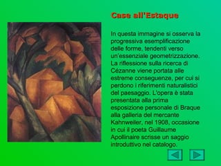 Case all'Estaque

In questa immagine si osserva la
progressiva esemplificazione
delle forme, tendenti verso
un’essenziale geometrizzazione.
La riflessione sulla ricerca di
Cézanne viene portata alle
estreme conseguenze, per cui si
perdono i riferimenti naturalistici
del paesaggio. L'opera è stata
presentata alla prima
esposizione personale di Braque
alla galleria del mercante
Kahnweiler, nel 1908, occasione
in cui il poeta Guillaume
Apollinaire scrisse un saggio
introduttivo nel catalogo.
 