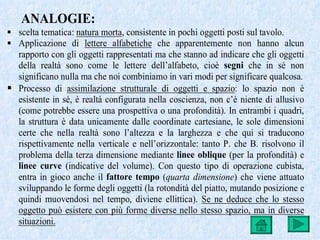 ANALOGIE:
 scelta tematica: natura morta, consistente in pochi oggetti posti sul tavolo.
 Applicazione di lettere alfabetiche che apparentemente non hanno alcun
  rapporto con gli oggetti rappresentati ma che stanno ad indicare che gli oggetti
  della realtà sono come le lettere dell’alfabeto, cioè segni che in sé non
  significano nulla ma che noi combiniamo in vari modi per significare qualcosa.
 Processo di assimilazione strutturale di oggetti e spazio: lo spazio non è
  esistente in sè, è realtà configurata nella coscienza, non c’è niente di allusivo
  (come potrebbe essere una prospettiva o una profondità). In entrambi i quadri,
  la struttura è data unicamente dalle coordinate cartesiane, le sole dimensioni
  certe che nella realtà sono l’altezza e la larghezza e che qui si traducono
  rispettivamente nella verticale e nell’orizzontale: tanto P. che B. risolvono il
  problema della terza dimensione mediante linee oblique (per la profondità) e
  linee curve (indicative del volume). Con questo tipo di operazione cubista,
  entra in gioco anche il fattore tempo (quarta dimensione) che viene attuato
  sviluppando le forme degli oggetti (la rotondità del piatto, mutando posizione e
  quindi muovendosi nel tempo, diviene ellittica). Se ne deduce che lo stesso
  oggetto può esistere con più forme diverse nello stesso spazio, ma in diverse
  situazioni.
 