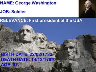 NAME: George Washington
JOB: Soldier
RELEVANCE: First president of the USA
BIRTH DATE: 22/02/1732
DEATH DATE: 14/12/1799.
AGE: 67
 