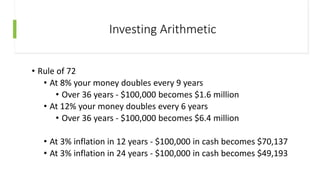 Investing Arithmetic
• Rule of 72
• At 8% your money doubles every 9 years
• Over 36 years - $100,000 becomes $1.6 million
• At 12% your money doubles every 6 years
• Over 36 years - $100,000 becomes $6.4 million
• At 3% inflation in 12 years - $100,000 in cash becomes $70,137
• At 3% inflation in 24 years - $100,000 in cash becomes $49,193
 