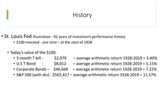 History
• St. Louis Fed Illustration - 92 years of investment performance history
• $100 invested - one time – at the start of 1928
• Today’s value of the $100:
• 3 month T bill - $2,079 – average arithmetic return 1928-2019 = 3.40%
• U.S T Bond - $8,012 – average arithmetic return 1928-2019 = 5.15%
• Corporate Bonds – $46,668 – average arithmetic return 1928-2019 = 7.22%
• S&P 500 (with div) - $502,417 – average arithmetic return 1928-2019 = 11.57%
 