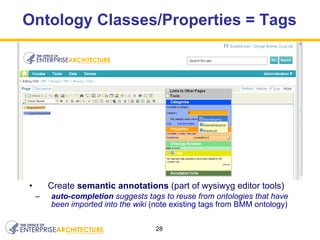 Ontology Classes/Properties = Tags Create  semantic annotations  (part of wysiwyg editor tools) auto-completion  suggests tags to reuse from ontologies that have been imported into the wiki  (note existing tags from BMM ontology) 