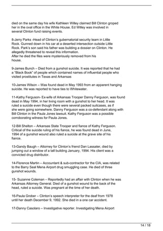 died on the same day his wife Kathleen Willey claimed Bill Clinton groped
her in the oval office in the White House. Ed Willey was involved in
several Clinton fund raising events.

8-Jerry Parks -Head of Clinton’s gubernatorial security team in Little
Rock. Gunned down in his car at a deserted intersection outside Little
Rock. Park’s son said his father was building a dossier on Clinton. He
allegedly threatened to reveal this information.
After he died the files were mysteriously removed from his
house.

9-James Bunch – Died from a gunshot suicide. It was reported that he had
a “Black Book” of people which contained names of influential people who
visited prostitutes in Texas and Arkansas

10-James Wilson – Was found dead in May 1993 from an apparent hanging
suicide. He was reported to have ties to Whitewater.

11-Kathy Ferguson- Ex-wife of Arkansas Trooper Danny Ferguson, was found
dead in May 1994, in her living room with a gunshot to her head. It was
ruled a suicide even though there were several packed suitcases, as if
she were going somewhere. Danny Ferguson was a co-defendant along with
Bill Clinton in the Paula Jones lawsuit. Kathy Ferguson was a possible
corroborating witness for Paula Jones.

12-Bill Shelton – Arkansas State Trooper and fiance of Kathy Ferguson.
Critical of the suicide ruling of his fiance, he was found dead in June,
1994 of a gunshot wound also ruled a suicide at the grave site of his
fiance.

13-Gandy Baugh – Attorney for Clinton’s friend Dan Lassater, died by
jumping out a window of a tall building January, 1994. His client was a
convicted drug distributor.

14-Florence Martin – Accountant & sub-contractor for the CIA, was related
to the Barry Seal Mena Airport drug smuggling case. He died of three
gunshot wounds.

15- Suzanne Coleman – Reportedly had an affair with Clinton when he was
Arkansas Attorney General. Died of a gunshot wound to the back of the
head, ruled a suicide. Was pregnant at the time of her death.

16-Paula Grober – Clinton’s speech interpreter for the deaf from 1978
until her death December 9, 1992. She died in a one car accident.

17-Danny Casolaro – Investigative reporter. Investigating Mena Airport




                                                                            14 / 18
 