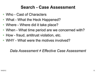 Search - Case Assessment
       Who - Cast of Characters
       What - What the Heck Happened?
       Where - Where did it take place?
       When - What time period are we concerned with?
       How - fraud, antitrust violation, etc.
       WHY - What were the motives involved?

           Data Assessment ≠ Effective Case Assessment




6/4/2012                                                 12
 
