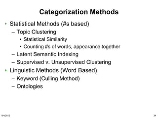 Categorization Methods
       Statistical Methods (#s based)
           – Topic Clustering
              • Statistical Similarity
              • Counting #s of words, appearance together
           – Latent Semantic Indexing
           – Supervised v. Unsupervised Clustering
       Linguistic Methods (Word Based)
           – Keyword (Culling Method)
           – Ontologies




6/4/2012                                                    34
 