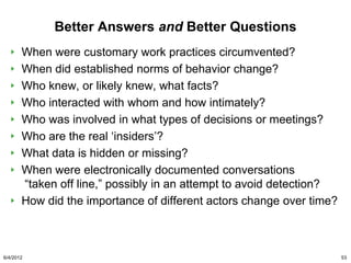 Better Answers and Better Questions
       When were customary work practices circumvented?
       When did established norms of behavior change?
       Who knew, or likely knew, what facts?
       Who interacted with whom and how intimately?
       Who was involved in what types of decisions or meetings?
       Who are the real „insiders‟?
       What data is hidden or missing?
       When were electronically documented conversations
       “taken off line,” possibly in an attempt to avoid detection?
       How did the importance of different actors change over time?



6/4/2012                                                              53
 