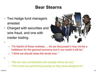 Bear Stearns
                                Lower Bar For Fraud?

           Two hedge fund managers
           arrested
           Charged with securities and
           wire fraud, and one with
           insider trading
           Internal emails:
           – “I'm fearful of these markets. ... As we discussed it may not be a
             meltdown for the general economy but in our world it will be.”
           – “I think we should close the funds now .”
           External communications:
           – “We are very comfortable with exactly where we are.”
           – “The funds are performing exactly as they were designed to.”
6/4/2012                                                                          54
 