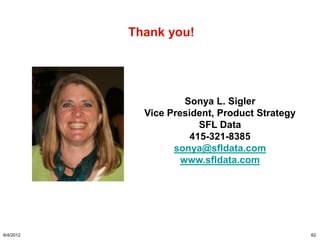 Thank you!




                      Sonya L. Sigler
             Vice President, Product Strategy
                         SFL Data
                       415-321-8385
                   sonya@sfldata.com
                     www.sfldata.com




6/4/2012                                        62
 