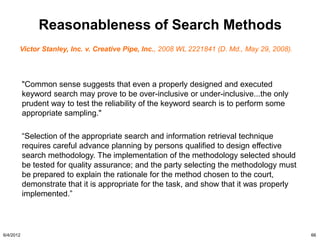 Reasonableness of Search Methods
       Victor Stanley, Inc. v. Creative Pipe, Inc., 2008 WL 2221841 (D. Md., May 29, 2008).




           "Common sense suggests that even a properly designed and executed
           keyword search may prove to be over-inclusive or under-inclusive...the only
           prudent way to test the reliability of the keyword search is to perform some
           appropriate sampling."

           “Selection of the appropriate search and information retrieval technique
           requires careful advance planning by persons qualified to design effective
           search methodology. The implementation of the methodology selected should
           be tested for quality assurance; and the party selecting the methodology must
           be prepared to explain the rationale for the method chosen to the court,
           demonstrate that it is appropriate for the task, and show that it was properly
           implemented.”




6/4/2012                                                                                      66
 