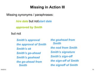 Missing in Action III

           Missing synonyms / paraphrases:

                 hire date but notstart date

                 approved by Smith

              but not

                 Smith’s approval          the goahead from
                 the approval of Smith       Smith
                 Smith’s ok                the nod from Smith
                 Smith’s go-ahead          Smith’s signature
                 Smith’s goahead           Smith’s sign-off
                 the go-ahead from         the sign-off of Smith
                   Smith                   the signoff of Smith
6/4/2012                                                           70
 