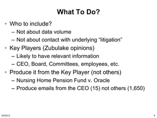 What To Do?
       Who to include?
           – Not about data volume
           – Not about contact with underlying “litigation”
       Key Players (Zubulake opinions)
           – Likely to have relevant information
           – CEO, Board, Committees, employees, etc.
       Produce it from the Key Player (not others)
           – Nursing Home Pension Fund v. Oracle
           – Produce emails from the CEO (15) not others (1,650)



6/4/2012                                                           8
 