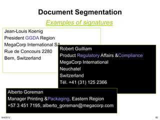 Document Segmentation
                    Examples of signatures
  Jean-Louis Koenig
  President GGDA Region
  MegaCorp International SA
                           Robert Guilliam
  Rue de Concours 2280
                           Product Regulatory Affairs &Compliance
  Bern, Switzerland
                           MegaCorp International
                           Neuchatel
                           Switzerland
                           Tél. +41 (31) 125 2366

     Alberto Goreman
     Manager Printing &Packaging, Eastern Region
     +57 3 451 7195, alberto_goreman@megacorp.com

6/4/2012                                                            82
 