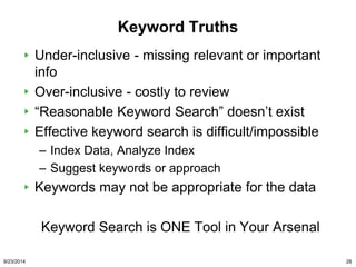 Keyword Truths 
Under-inclusive - missing relevant or important 
info 
Over-inclusive - costly to review 
“Reasonable Keyw...