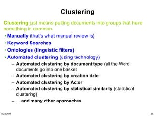 Clustering 
Clustering just means putting documents into groups that have 
something in common. 
Manually (that's what man...