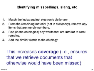 Identifying misspellings, slang, etc 
1. Match the index against electronic dictionary. 
2. From the remaining material (n...