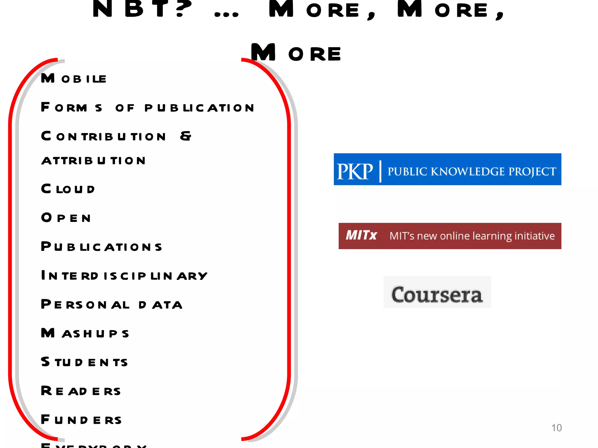 N B T ? … M o re , M o re ,
M o re
M o b i le
F o rm s o f p u b li c ati o n
C o n tri b u ti o n &
attri b u ti o n
C lo u d
Open
P u b li c ati o n s
I n te rd i s c i p li n ary
P e rs o n al d ata
M as h u p s
S tu d e n ts
R e ad e rs
F u n d e rs 10