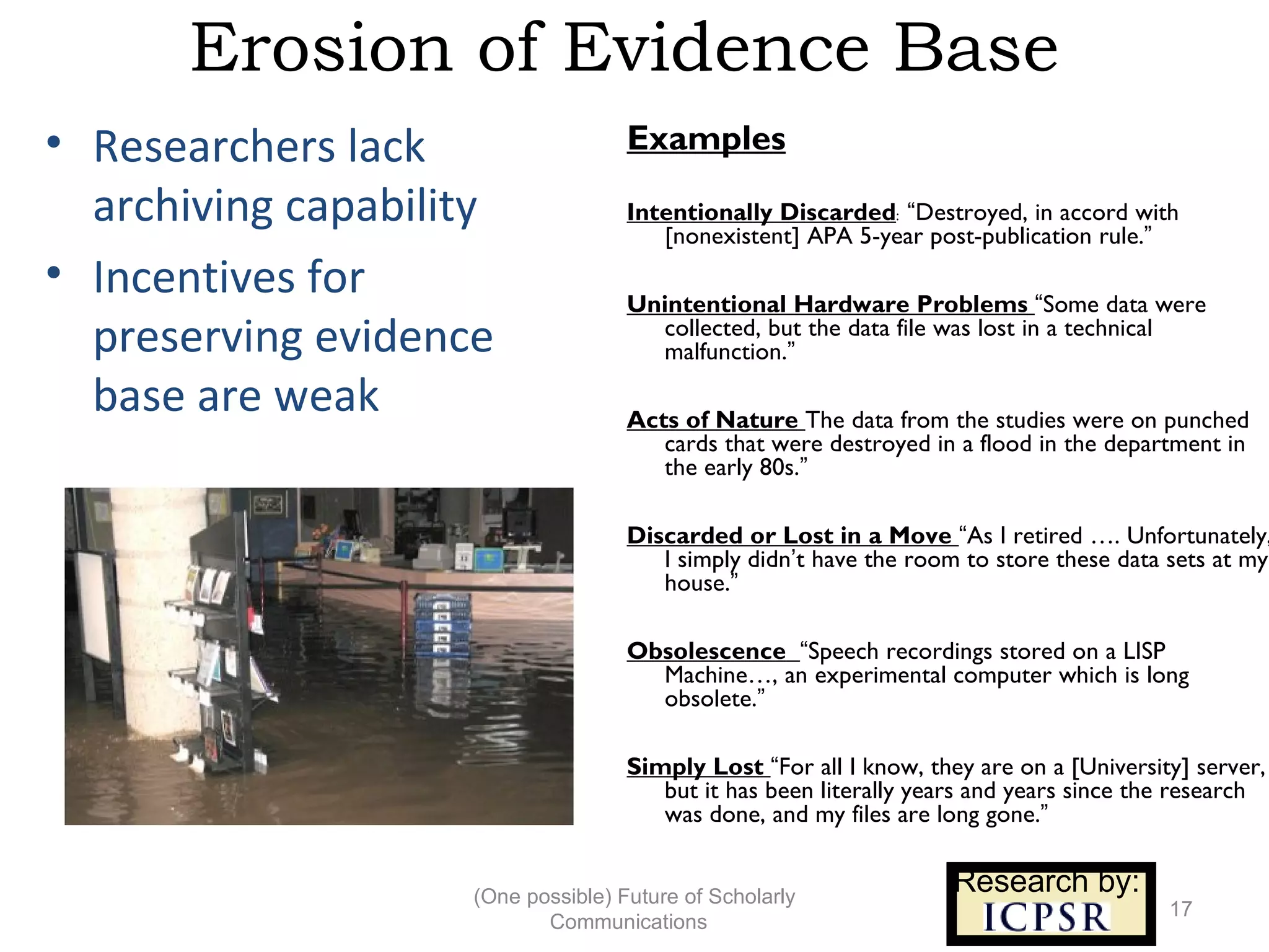 Erosion of Evidence Base
• Researchers lack                  Examples

  archiving capability              Intentionally Discarded: “Destroyed, in accord with
                                       [nonexistent] APA 5-year post-publication rule.”
• Incentives for                    Unintentional Hardware Problems “Some data were
  preserving evidence                 collected, but the data file was lost in a technical
                                      malfunction.”

  base are weak                     Acts of Nature The data from the studies were on punched
                                       cards that were destroyed in a flood in the department in
                                       the early 80s.”

                                    Discarded or Lost in a Move “As I retired …. Unfortunately,
                                       I simply didn’t have the room to store these data sets at my
                                       house.”

                                    Obsolescence “Speech recordings stored on a LISP
                                      Machine…, an experimental computer which is long
                                      obsolete.”

                                    Simply Lost “For all I know, they are on a [University] server,
                                       but it has been literally years and years since the research
                                       was done, and my files are long gone.”


                    (One possible) Future of Scholarly
                                                                    Research by:
                                                                                         17
                           Communications
 